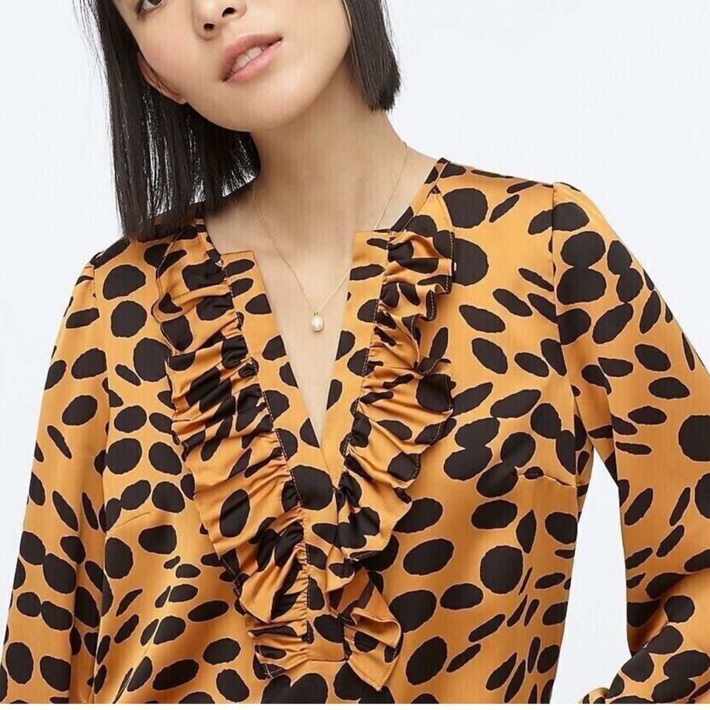 J. Crew Women's Ruffle Front Satin Top - Black and Tan Size Small V-Neck